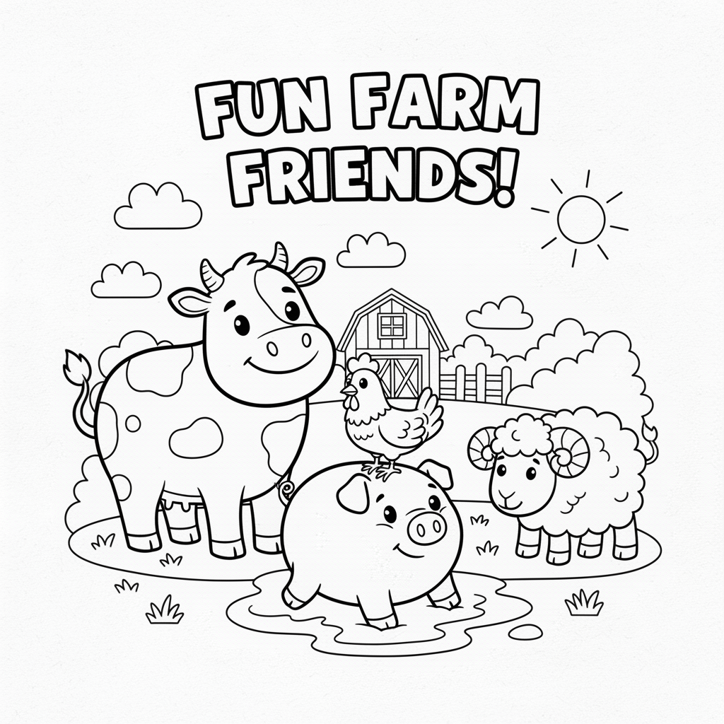 Farm animals coloring page for kids featuring cow, pig, chicken, and sheep