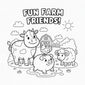 Farm animals coloring page for kids featuring cow, pig, chicken, and sheep