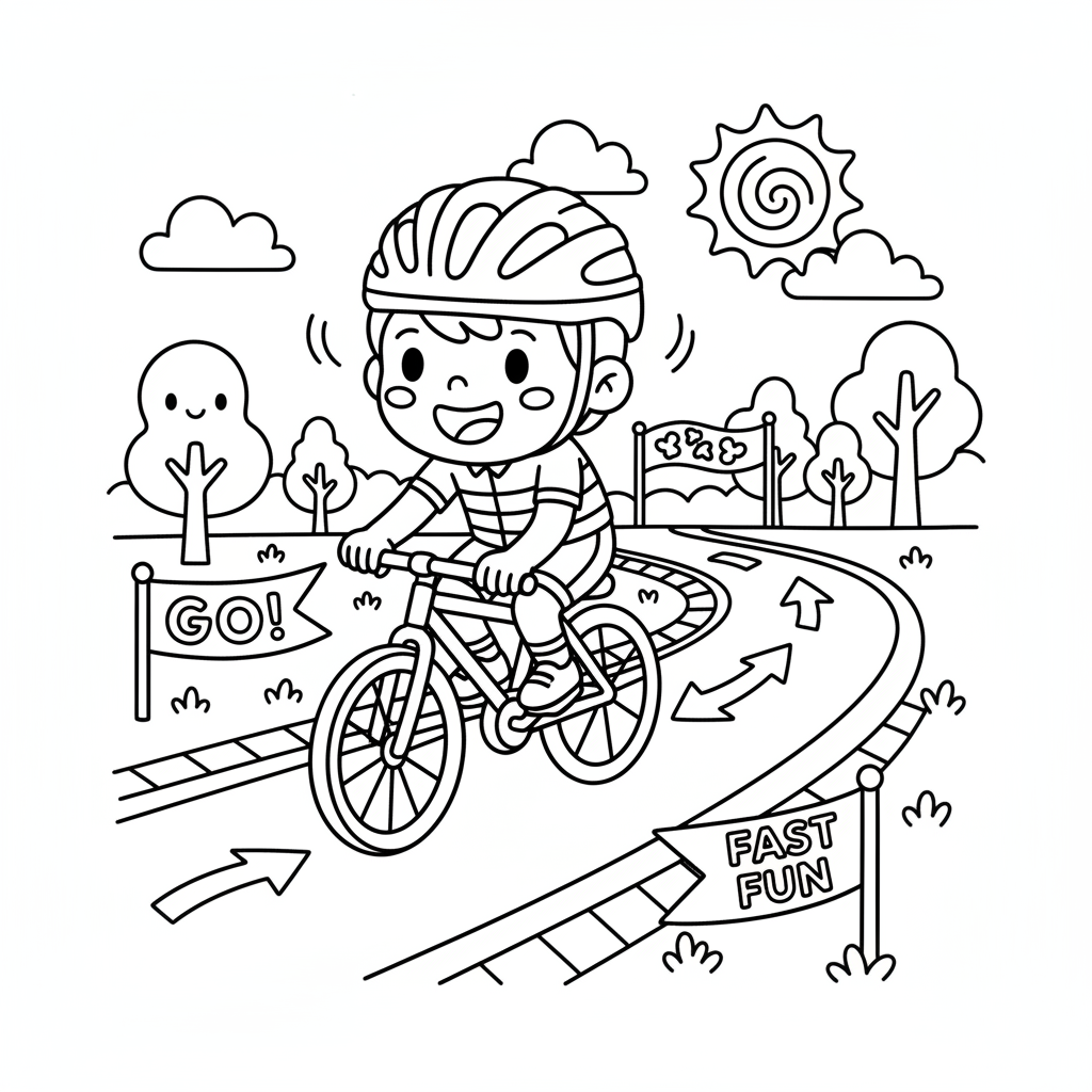 Cycling coloring page for kids featuring a child riding a bicycle with a helmet on a race track