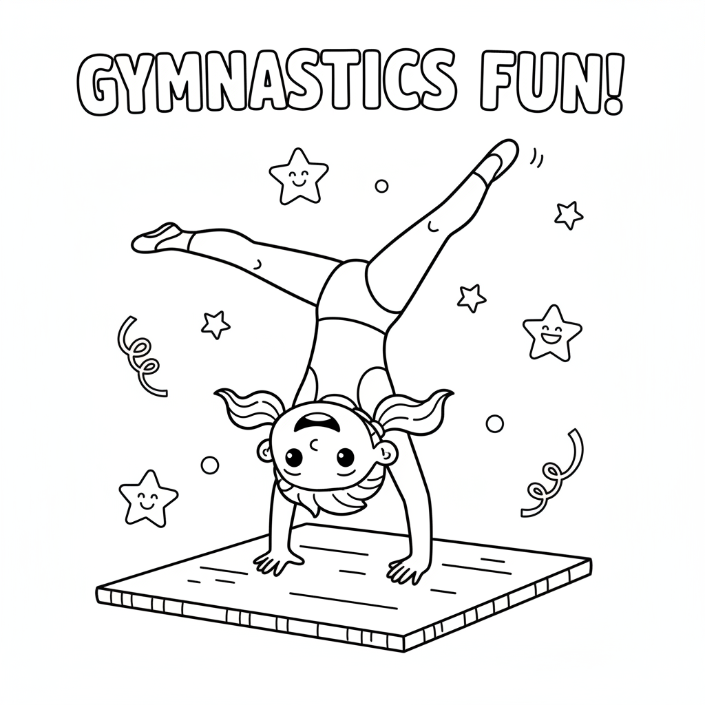 Gymnastics coloring page for kids featuring a child doing a cartwheel on a gymnastics mat
