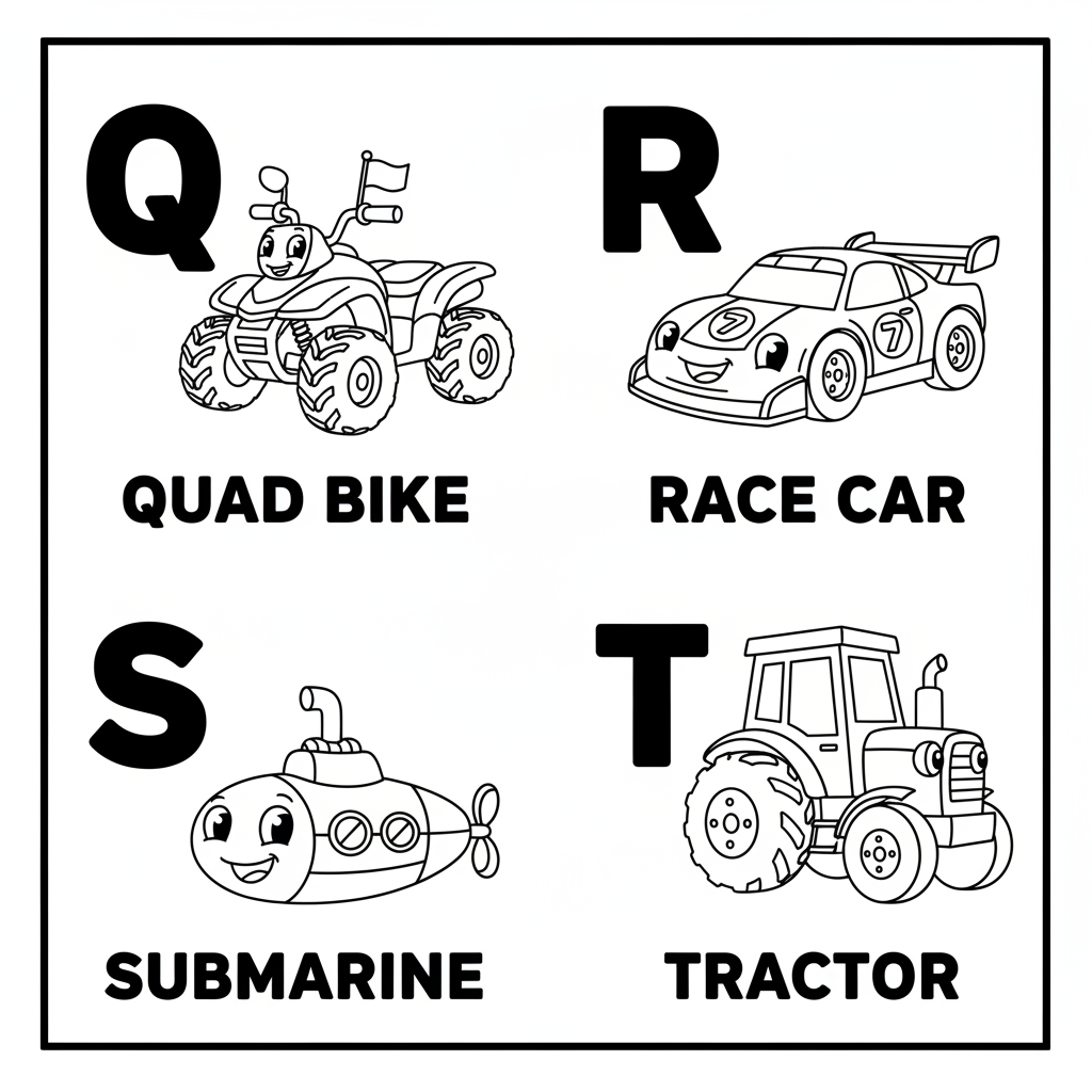 Page 5 - Q is for Quad Bike, R is for Race Car, S is for Submarine, T is for Tractor