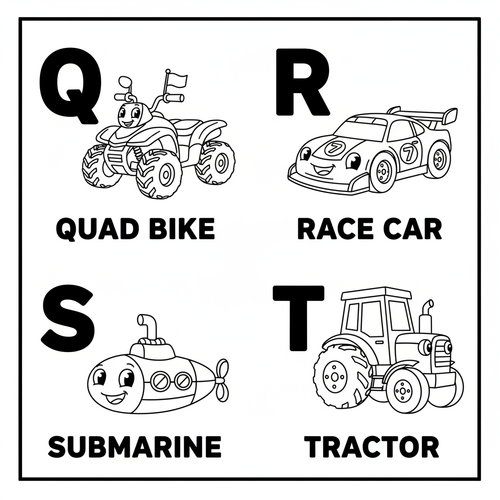 Page 5 - Q is for Quad Bike, R is for Race Car, S is for Submarine, T is for Tractor
