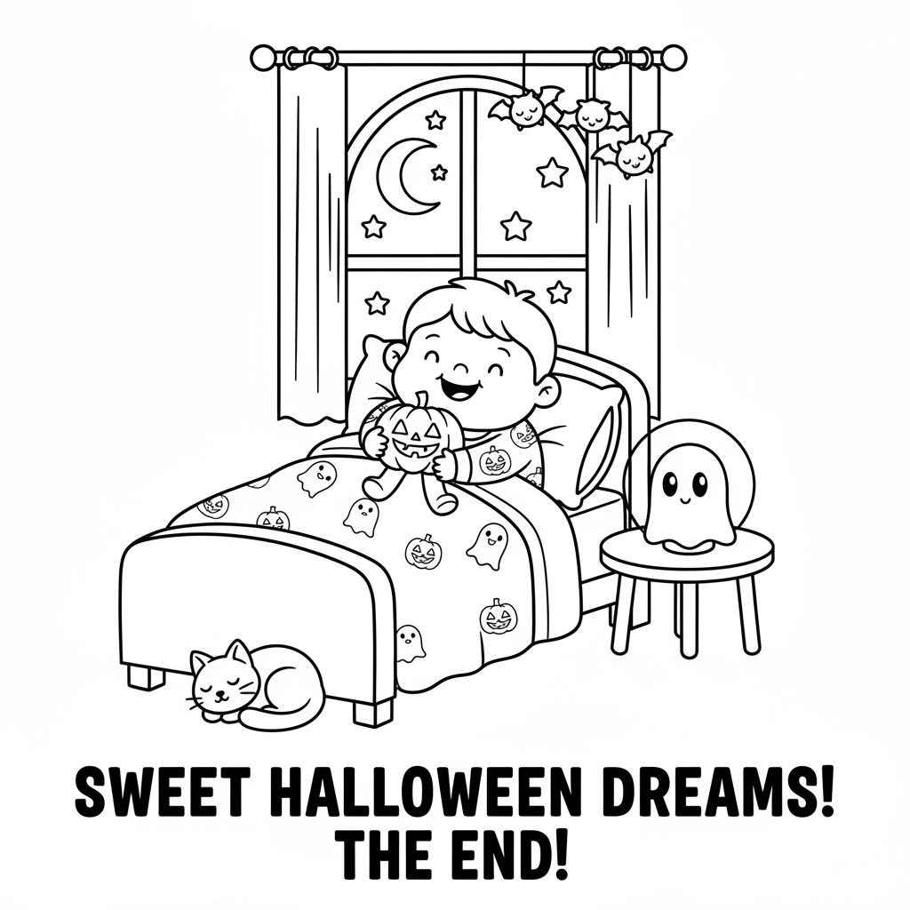 Page 12 - Sweet Halloween Dreams, child sleeping with Halloween plush toys