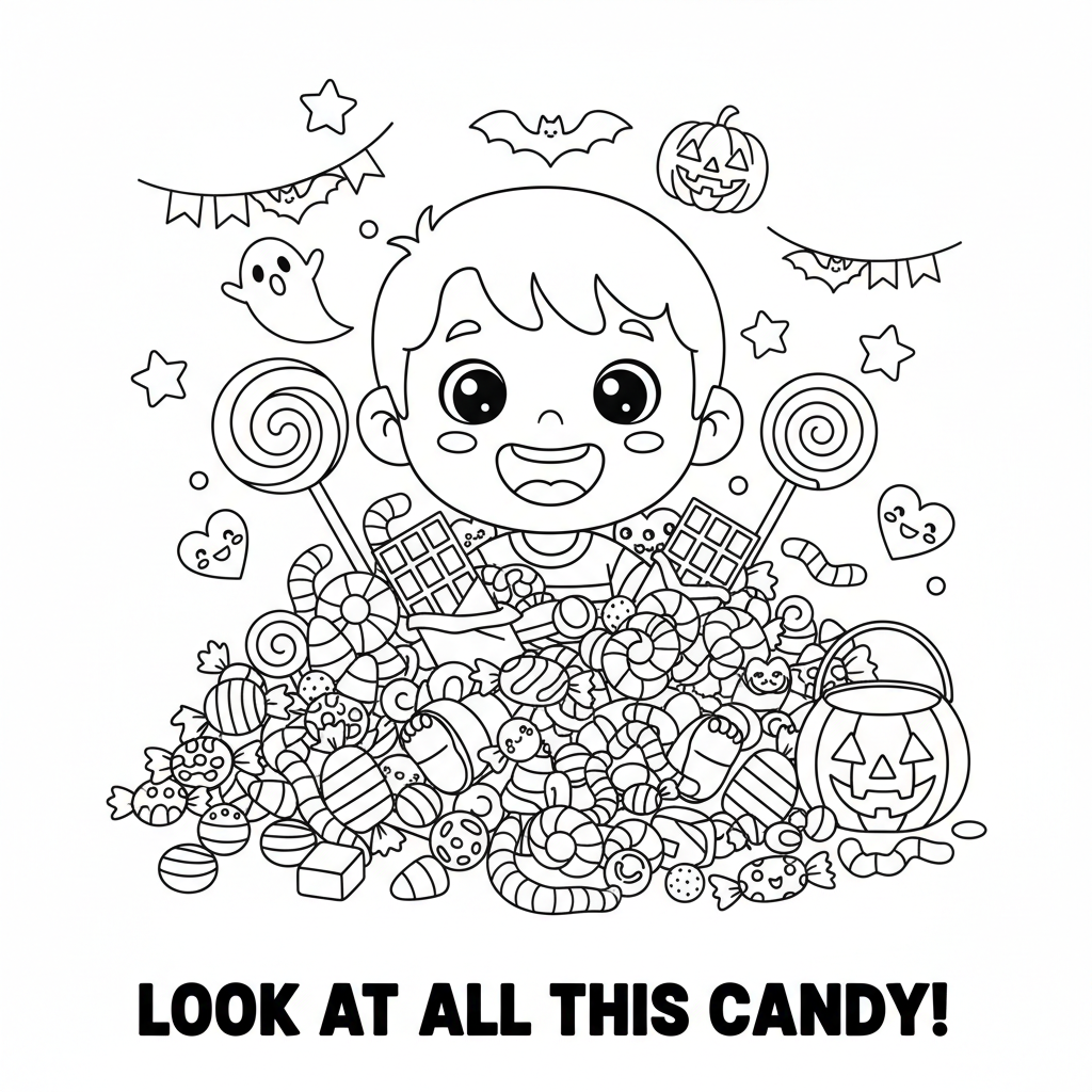 Page 7 - Candy Haul, child surrounded by Halloween candy