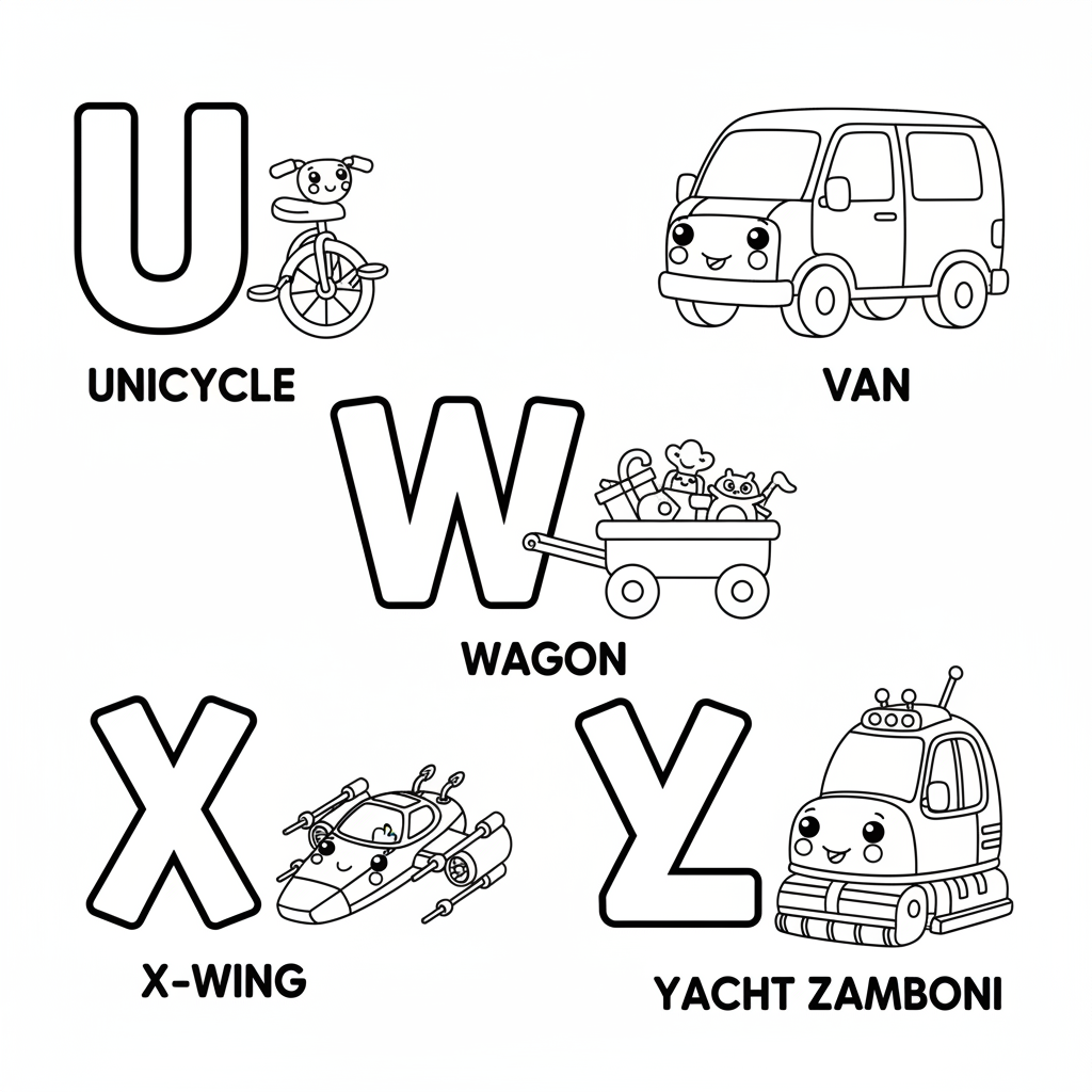 Page 6 - U is for Unicycle, V is for Van, W is for Wagon, X is for X-Wing Spacecraft, Y is for Yacht, Z is for Zamboni