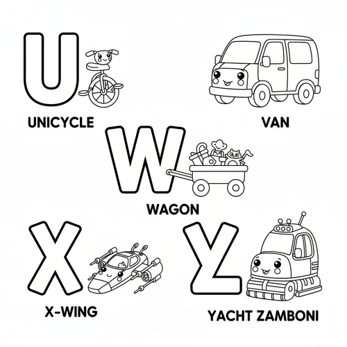 Page 6 - U is for Unicycle, V is for Van, W is for Wagon, X is for X-Wing Spacecraft, Y is for Yacht, Z is for Zamboni