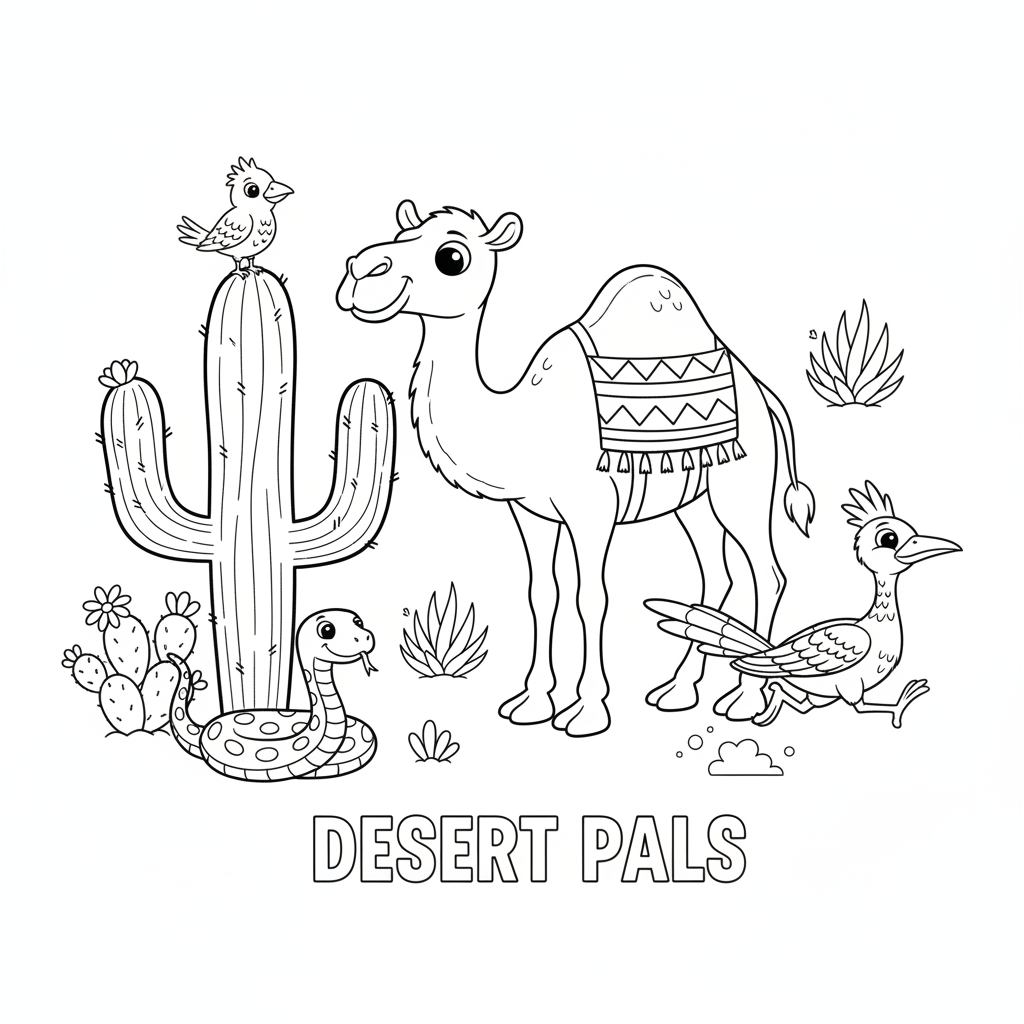 Desert animals coloring page for kids featuring camel, cactus wren, rattlesnake, and roadrunner