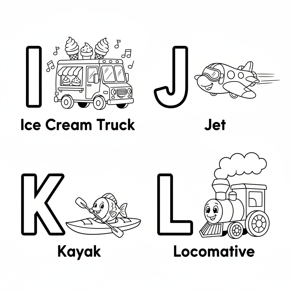 Page 3 - I is for Ice Cream Truck, J is for Jet, K is for Kayak, L is for Locomotive