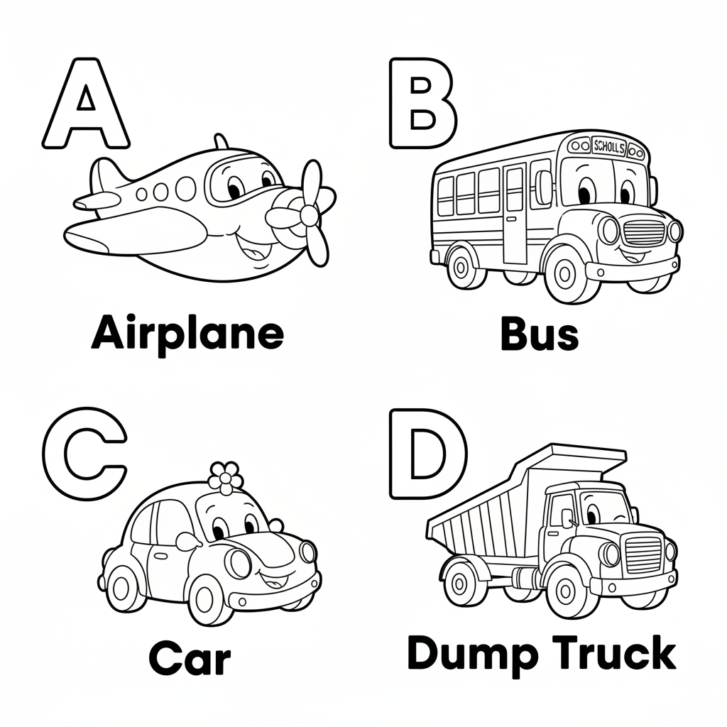 Page 1 - A is for Airplane, B is for Bus, C is for Car, D is for Dump Truck