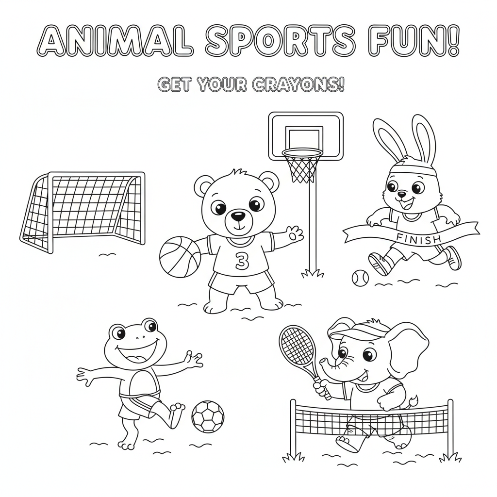 Animals in sports coloring page for kids featuring bear playing basketball, frog playing soccer, rabbit racing, and elephant playing tennis