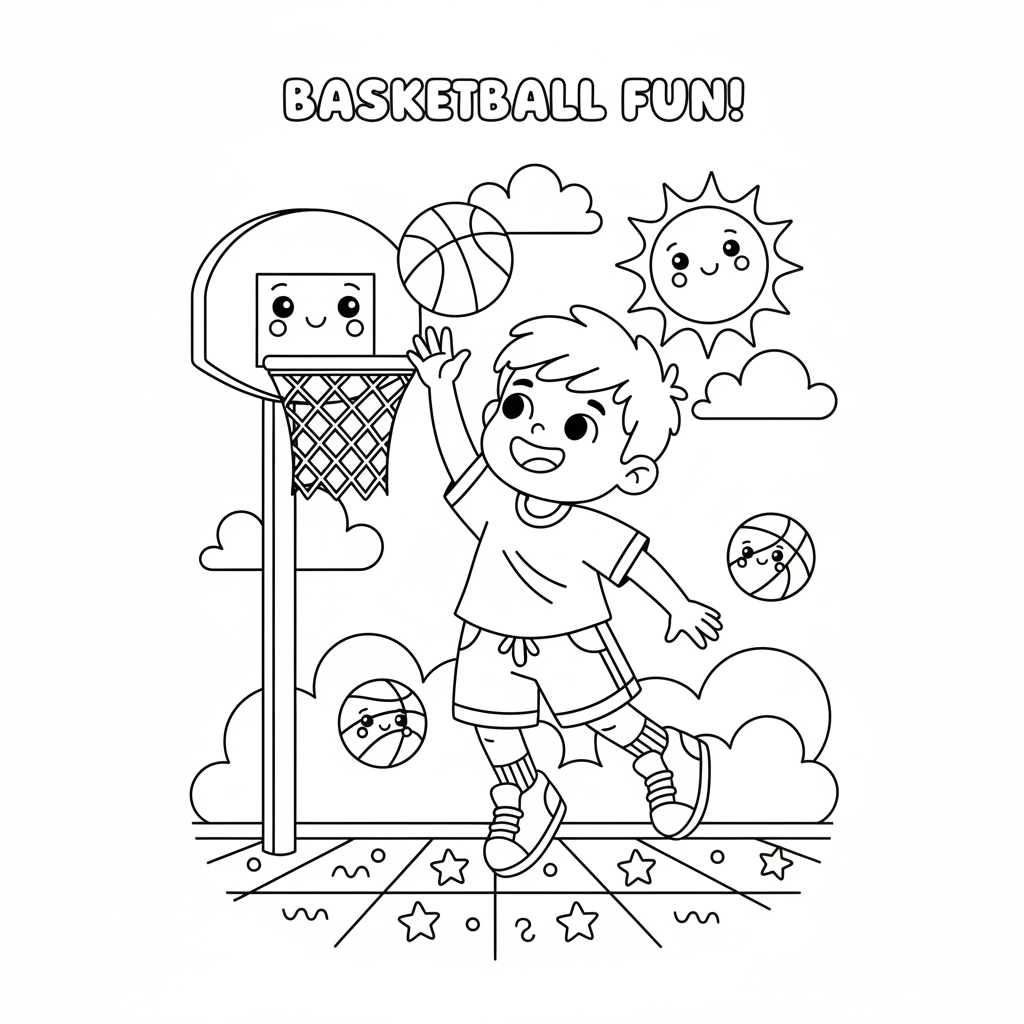 Basketball coloring page for kids featuring a child shooting a basketball into a hoop