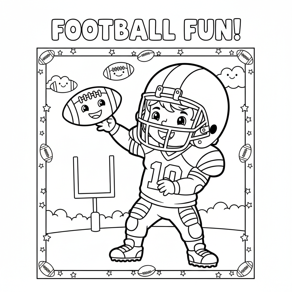 Football coloring page for kids featuring a child throwing a football wearing a helmet and uniform