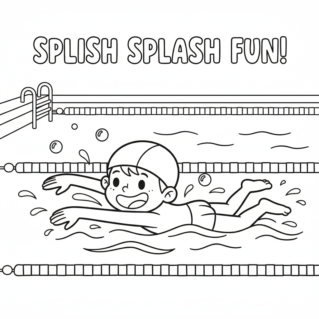 Swimming coloring page for kids featuring a child doing freestyle swimming in a pool