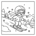 Skiing coloring page for kids featuring a child skiing down a snowy mountain slope