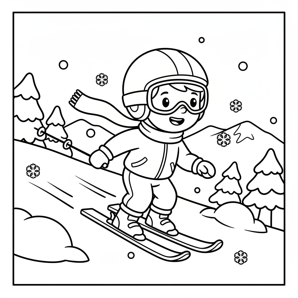 Skiing coloring page for kids featuring a child skiing down a snowy mountain slope