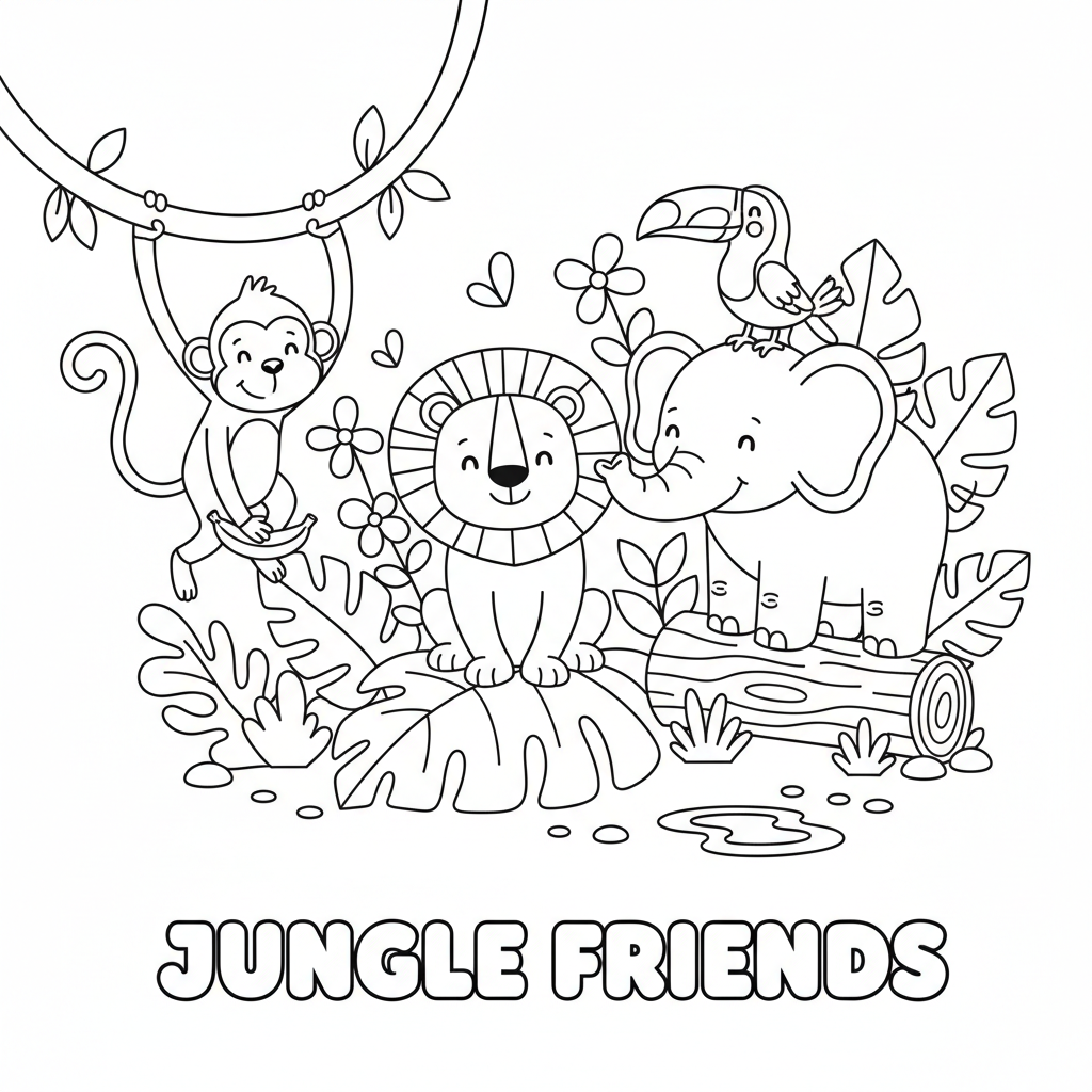Jungle animals coloring page for kids featuring lion, monkey, elephant, and toucan