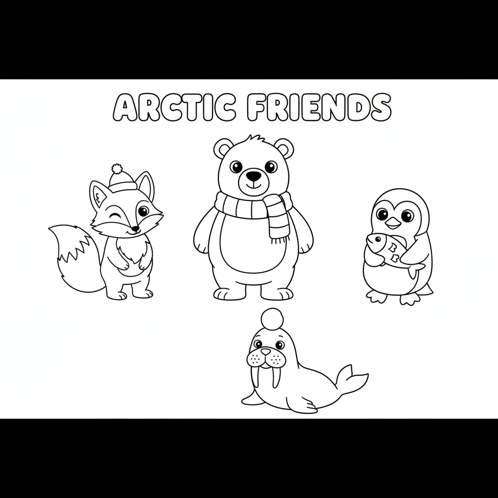 Arctic animals coloring page for kids featuring polar bear, penguin, arctic fox, and walrus
