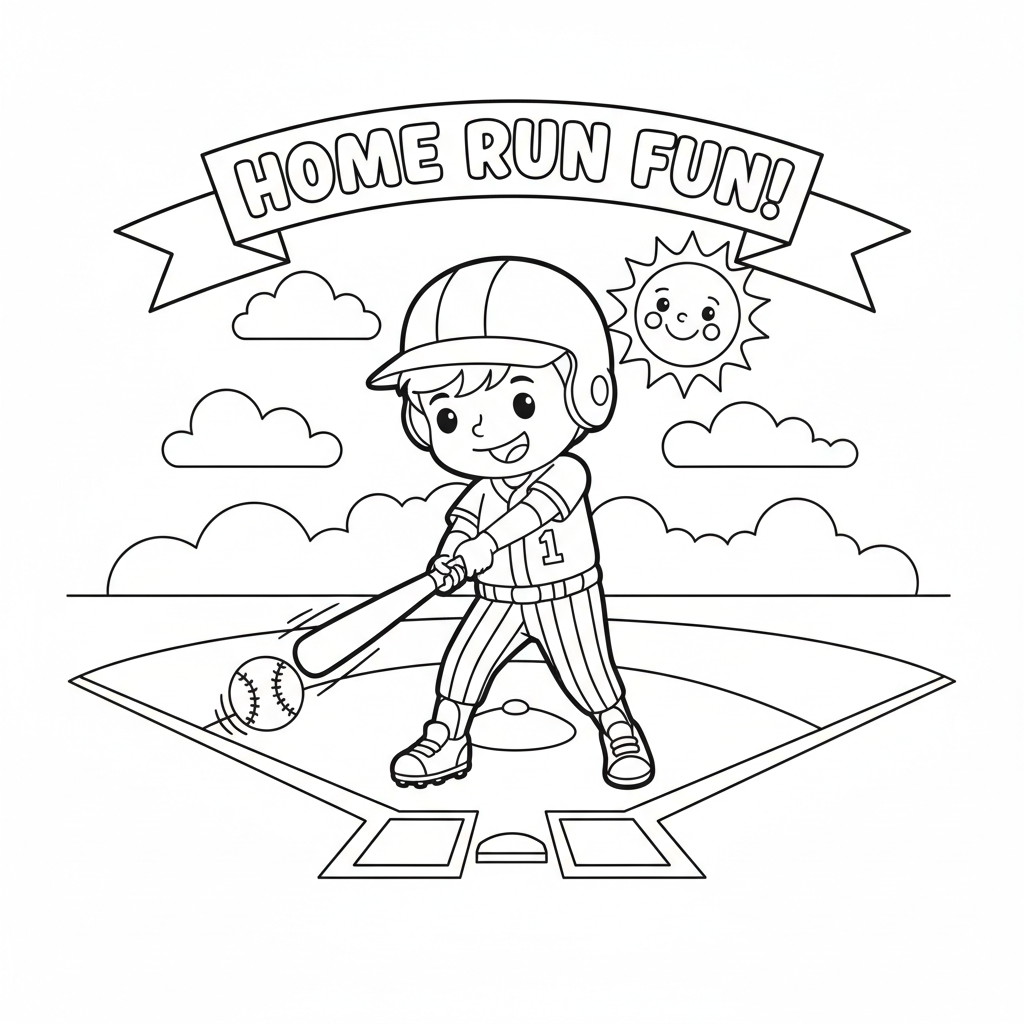 Baseball coloring page for kids featuring a child swinging a baseball bat at a pitch
