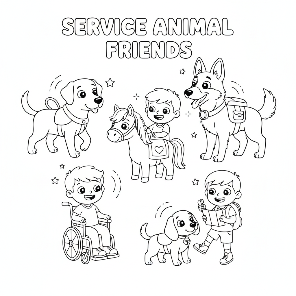 Service animals coloring page for kids featuring guide dog, therapy horse, search and rescue dog, and hearing alert dog