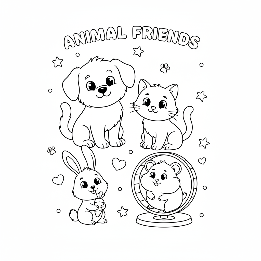 Domestic animals coloring page for kids featuring dog, cat, rabbit, and hamster