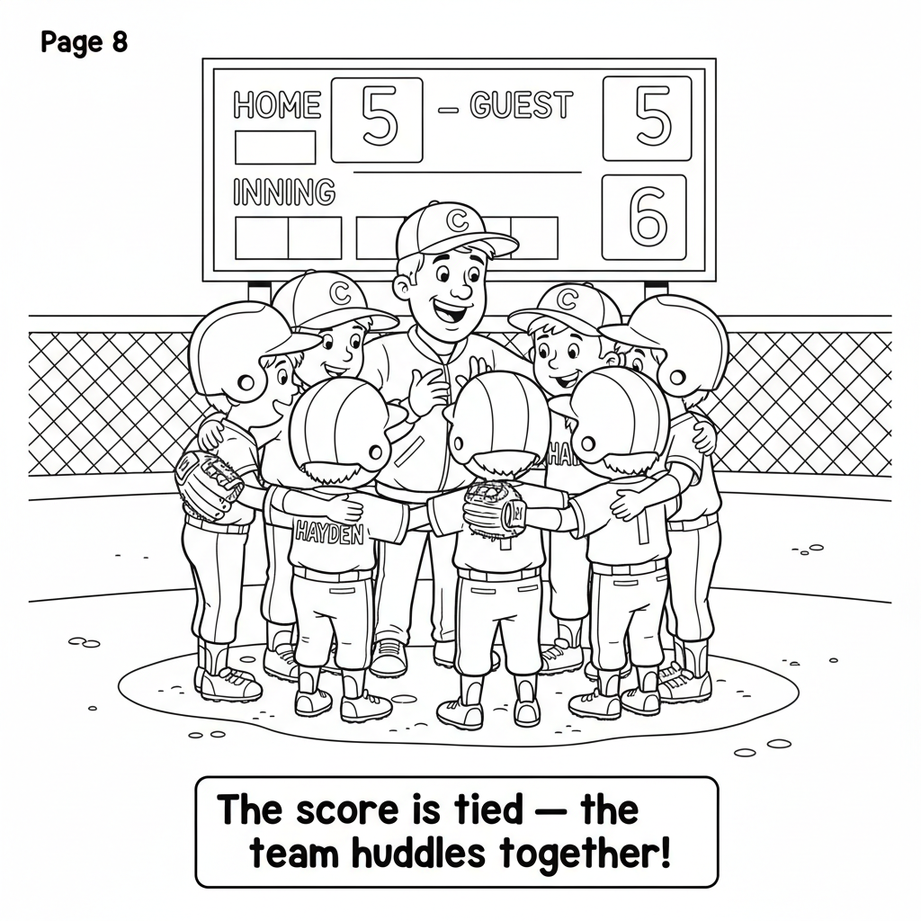 Page 8 - Hayden and his teammates huddle with the coach with a tied scoreboard in the background