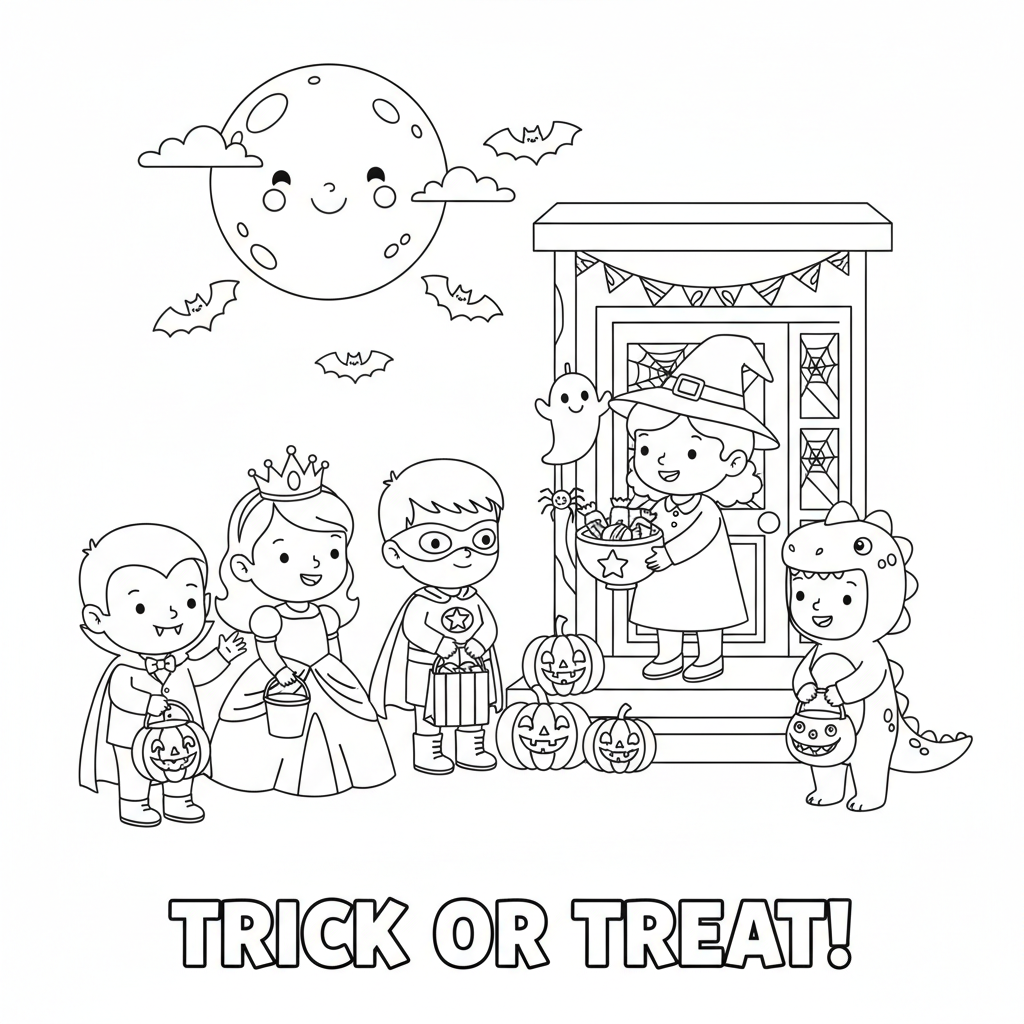 Page 3 - Trick or Treat, kids in costumes going door to door