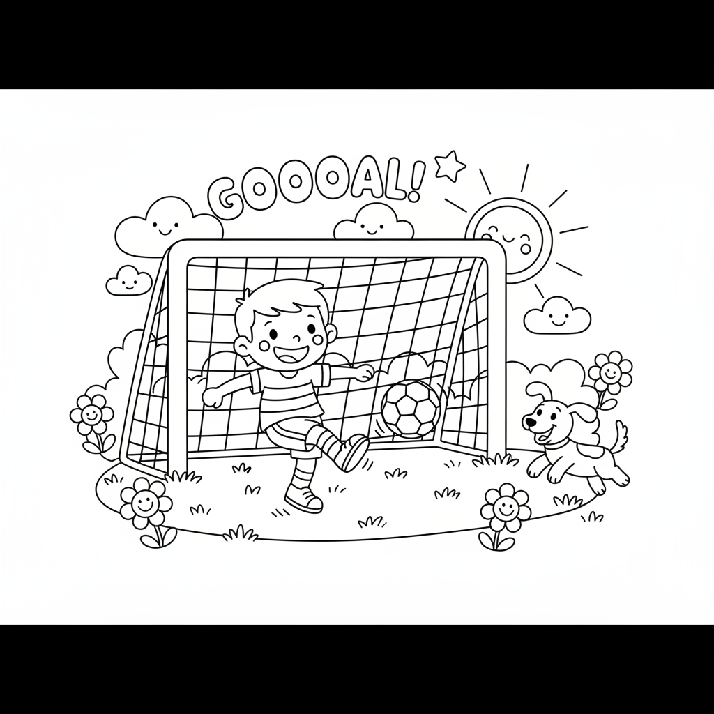 Soccer coloring page for kids featuring a child kicking a ball into a goal
