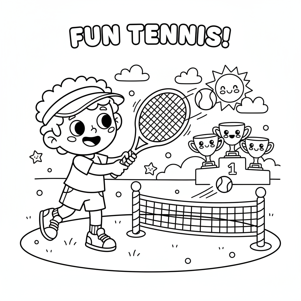 Tennis coloring page for kids featuring a child swinging a tennis racket hitting a ball over a net