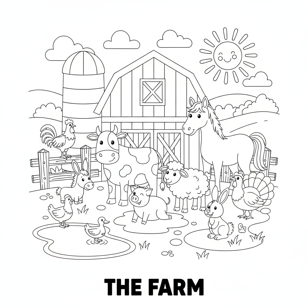 Page 12 - All farm animals together in front of a big barn