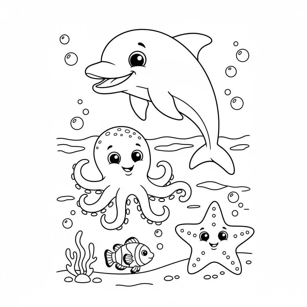 Ocean animals coloring page for kids featuring dolphin, octopus, starfish, and clownfish
