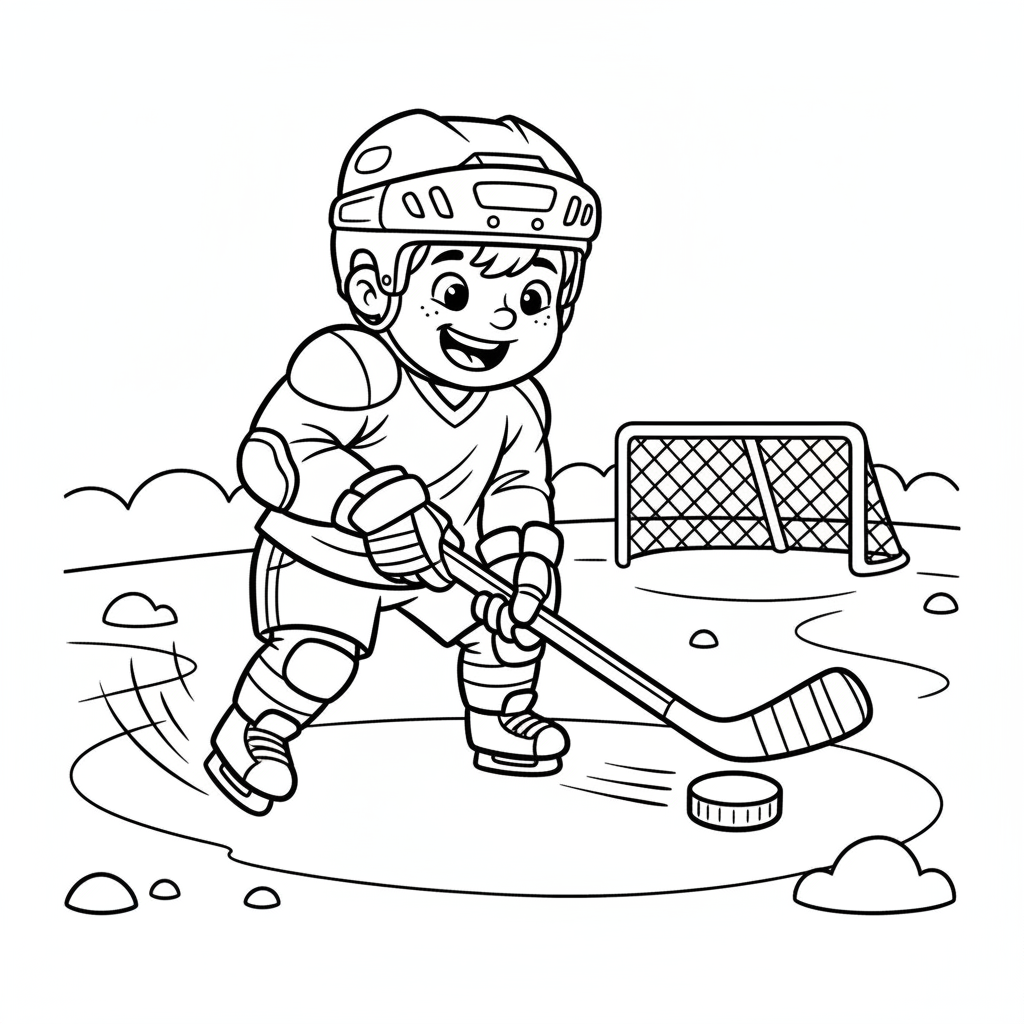 Hockey coloring page for kids featuring a child skating on ice hitting a puck with a hockey stick