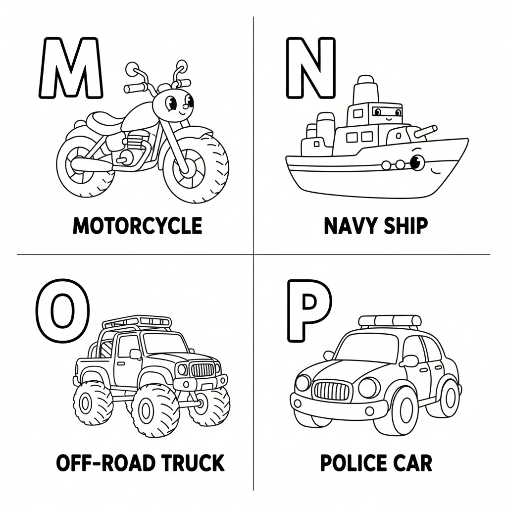 Page 4 - M is for Motorcycle, N is for Navy Ship, O is for Off-Road Truck, P is for Police Car