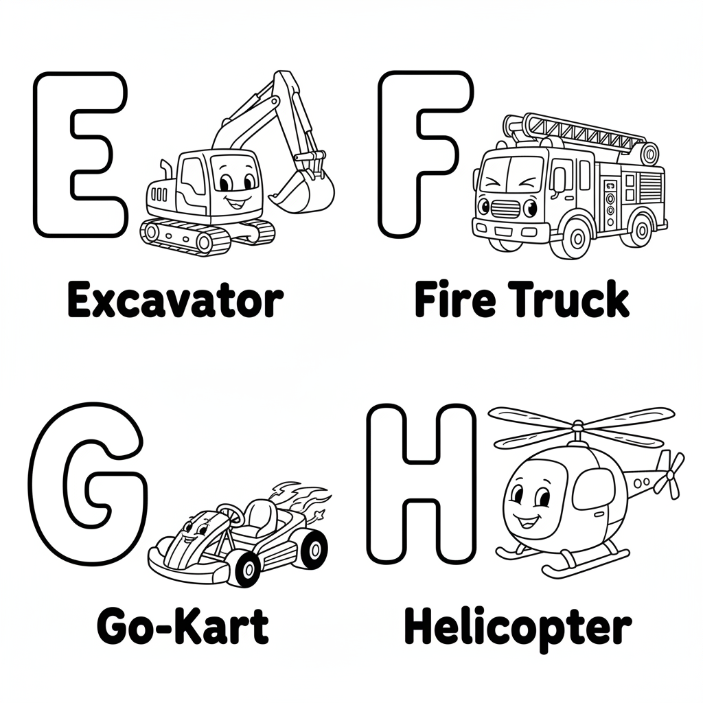 Page 2 - E is for Excavator, F is for Fire Truck, G is for Go-Kart, H is for Helicopter